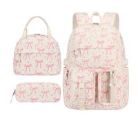 Zaino in velluto a coste da donna con fiocco e borsa pranzo (style1) | Zaino per laptop in velluto a coste Borsa per il pranzo con fiocco Zaino multistrato per le elementari medie