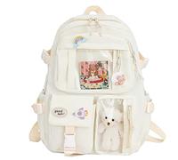 Zaino Kawaii con ciondolo, grande capacità, simpatico orso, accessori per la scuola, zaino multi tasca, per adolescenti, ragazze, carino, kawaii, scuola, Beige