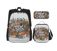 Zaino Kawaii con portapranzo, set 3 in 1 astuccio abbinato, magico natalizio, Cartone animato carino New York tema americano arte, Taglia unica