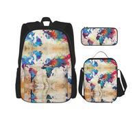 Zaino Kawaii con portapranzo Set 3 in 1 astuccio abbinato, mappa del mondo astratta, Mappa del mondo astratta, Taglia unica