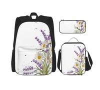 Zaino Kawaii con portapranzo, set 3 in 1 astuccio abbinato, note musicali volanti botaniche, Lavanda e margherite, Taglia unica