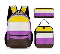 Zaino leggero con bandiera dell'orgoglio non binario, borsa da viaggio con porta pranzo, borse portaoggetti, set di zaini, zaino da giorno con borsa per il pranzo e borsa per cosmetici