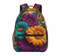 Zaino leggero con fiori vintage e simbolo della pace, ideale per escursioni giornaliere e per l'ufficio.