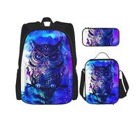 Zaino leggero con pulcino, set da 3 pezzi, con borsa per il pranzo, astuccio per ufficio e scuola, Gufo blu 1, Taglia unica, Zaini Daypack