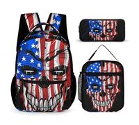 Zaino leggero Cool Skull American Flag Black Bookbag con borse porta pranzo Set di zaini Zaino da giorno con borsa per il pranzo e borsa per cosmetici