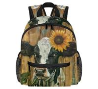 Zaino leggero per bambini da 3 a 8 anni, con girasole e mucca su tavola di legno, Multicolore 3, 25.4x10x30 CM/10x4x12 in