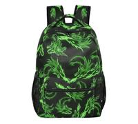 Zaino Mahjong cinese bianco con tasche multiple e cinghie regolabili, Teste di drago verde, Medium, Zaino casual per la scuola