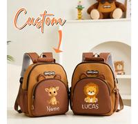 Zaino mini personalizzato in patchwork con simpatici motivi di animali come orso, dinosauro, giraffa e leone, ideale per il ritorno a scuola. Puoi personalizzare il tuo nome o auguri per le vacanze. Q