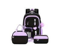 Zaino multitasche per ragazze Kit scolastico 3 in uno con portamonete | Il ragionevole layout tascabile a strati classifica separatamente libri, articoli di cancelleria e articoli(Blackish purple)