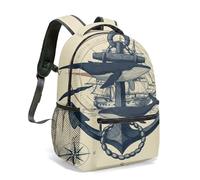 Zaino nautico vintage con ancora balena, stampa completa 360, 40 cm, con bussola, barca a vela, illustrazione per uomo e donna, 02, L, Casual