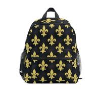 Zaino nero con motivo giglio dorato per bambini e bambine, piccolo zaino, Oro Fleur De Lis Nero, Medium, Zaini Cool Soccer Print | Zaini leggeri per bambini da 3 a 8 anni, con targhetta per il nome