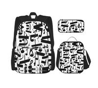 Zaino nero con note musicali con portapranzo e astuccio da 7,6 cm, zaino Kawaii con borsa per il pranzo abbinata