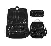 Zaino nero con note musicali con portapranzo e astuccio da 7,6 cm, zaino Kawaii con borsa per il pranzo abbinata