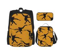 Zaino nero con scimmia Gibbon con portapranzo, zaino anime, borsa per la scuola, set per tre libri, Nero , Taglia unica, Set di zaini per la scuola