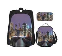Zaino New York City 3 pezzi scuola borsa con portapranzo e astuccio Set :>> Adatto per ragazzi e ragazze, Nero , Taglia unica, Zaino per bambini