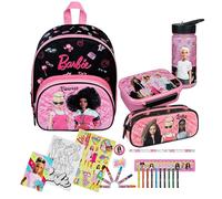 Zaino per asilo Barbie Bambina - Personalizzato con nome - Set zaino per bambini, Set 3 - Zaino, borraccia, contenitore per il pranzo, torre di malta, astuccio