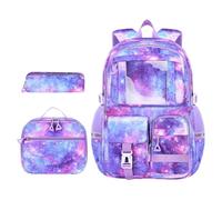 Zaino per bambini 3 pezzi in nylon viola, set con portapranzo | Zaini scuola in nylon multi tasche; Lunch box incluso; 460x310x180 mm; ideale per libri, penne; colori degradé per studenti