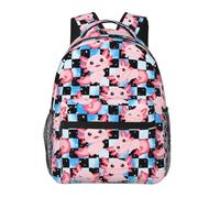 Zaino per bambini con simpatico axolotl a quadri blu e neri, ideale per la scuola e per il computer portatile.