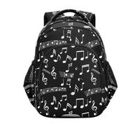 Zaino per bambini, motivo: note musicali bianche, zaino nero scuola elementare, Note musicali bianche nere, 15 Inch, classico