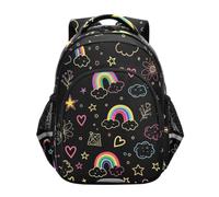 Zaino per bambini, motivo: stelle e arcobaleni, colore nero, per la scuola elementare, Cute Stars Rainbows Nero, 17 Inch, classico | Elegante design stampato, zaini unisex per bambini, età 6-12
