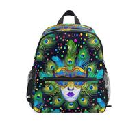 Zaino per bambini per ragazzi e ragazze, blu verde maschere piume borsa libro da viaggio con etichetta nome piccola borsa per la scuola per bambini, Piume Maschere Blu Verde, 6-8 Years, Zaini Carino