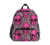 Zaino per bambini per ragazzi e ragazze, divertente teschi rosa zebrato strisce piccola borsa da viaggio con targhetta per nome, Divertente Teschi Rosa Zebra Stripes, 3-5 Years, Zaini Carino
