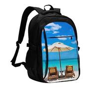 Zaino per computer portatile con stampa leopardata per uomo, zaino da viaggio con porta di ricarica USB, stampa grande zaino casual, Spiaggia Bianca Mare Tropicale, One Size