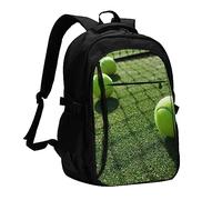 Zaino per computer portatile da uomo, con stampa natalizia, zaino da viaggio con porta di ricarica USB, stampa grande zaino casual, Palline da tennis sul campo da tennis in erba, One Size