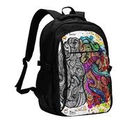 Zaino per computer portatile stampato vantaggio sinistro e destro per uomo, zaini da viaggio con porta di ricarica USB, stampa grande zaino casual, Vantaggio cervello sinistro e destro, One Size