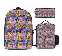 Zaino per la scuola con motivo floreale, zaino per ragazze e bambini, zaino per libri con borsa per il pranzo e astuccio per le elementari (set zaino 3 in 1), Tt-4, Taglia unica, Zaini Daypack