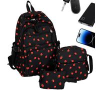 Zaino per la scuola, in nylon e poliestere, grazioso set di libri, zaino con fragole e tasche laterali, borsa a tracolla per scuola materna, asilo, pendolari quotidiani, viaggi all'aperto, Nero