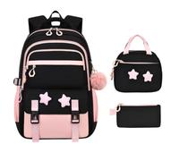 Zaino per la scuola per bambini con borsa per il pranzo, set da 3 pezzi, grazioso motivo a stelle, Colore: rosa., Siehe Beschreibung, Vedi descrizione