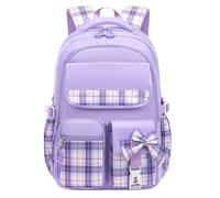 Zaino per la scuola per ragazze e bambini, leggero e di grande capacità, con tasche multiple, cinghie imbottite, grazioso fiocco a quadri, resistente, per ragazzi elementari, 1 viola., Taglia unica