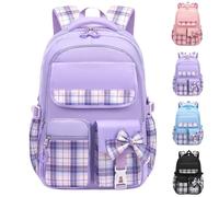 Zaino per la scuola per ragazze zaino Kawaii a quadri per bambini con spallacci regolabili e tasche laterali, leggero e resistente all'acqua, zaino casual per studenti, Viola, S, Zaino daypack
