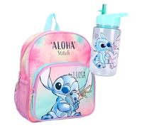 Zaino per l'asilo Disney Stitch con borraccia - Personalizzato con nome - Zaino per bambini con tasca anteriore 2 scomparti 29 x 23 x 8 cm, bottiglia da 450 ml, Set 1 Stitch arcobaleno, 23 x 29 x 8 cm