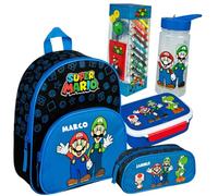 Zaino per l'asilo Super Mario con contenitore per il pranzo, borraccia, personalizzato con nome, set di zaino per bambini, contenitore per il pranzo, astuccio portapenne, colore: blu royal, Set 3
