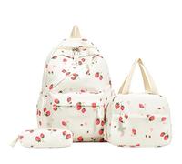 Zaino per ragazze con fragole, set 3 in 1 con borsa per libri, borsa per il pranzo e astuccio, grazioso zaino per la scuola elementare e media Kawaii, bianco, Antiurto