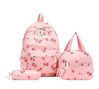 Zaino per ragazze con fragole, set 3 in 1 con borsa per libri, borsa per il pranzo e astuccio, grazioso zaino per la scuola elementare e media Kawaii, rosa, Antiurto