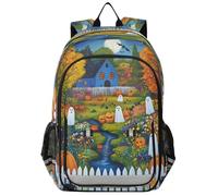 Zaino per scuola elementare e media, con scena autunnale, zucche, fantasma, per bambini, per ragazzi, asilo, robusto, impermeabile, leggero, durevole, età 6-12 anni