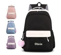Zaino per studenti alla moda con ricamo personalizzabile con pompon, borsa classica per libri di scuola, disponibile in blu, viola, rosa, nero, zaino casual con tasca frontale