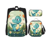 Zaino per studenti, Mr. Dancing Tiger borsa per ragazzi della scuola, zaino per ragazze, zaino per matite, borsa per il pranzo combinazione, Piccolo dinosauro in erba verde, Taglia unica, Zaino