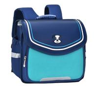 Zaino scolastico compatto in tessuto Oxford con patta e tasche laterali, formato compatto con maniglia superiore, ampia patta frontale con finiture a contrasto chiaro, quattro varianti di colore, Blu