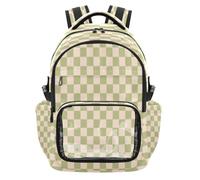 Zaino scolastico per bambini con motivo a scacchi verdi con tasca frontale in PVC trasparente, porta bottiglia d'acqua e scomparto per laptop, zaino da viaggio per adolescenti, zaino da viaggio