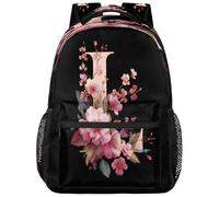 Zaino scolastico per ragazzi e ragazze, rosa, fiore, alfabeto L su sfondo nero, borsa per libri per studenti delle scuole medie, superiori e università, zaino impermeabile casual per laptop per donne