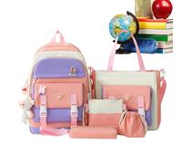 Zaino scolastico - ragazze, zaino | Set di 5 zaini di grande capacità con ciondolo e badge a di agnello carino. Adatto per la borsa della scuola alla moda della stagione scolastica, Rosa, Se