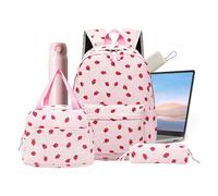 Zaino scolastico stampato con fragole e astuccio per matite, Rosa, Vedere | Borsa da viaggio leggera in velluto a coste per laptop, escursionismo, università, aereo, studenti e diario