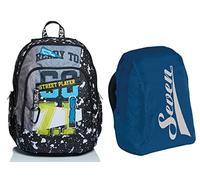 Zaino Scuola ADVANCED SEVEN - STREET PLAYER, Nero, Doppio Scomparto + Coprizaino Antipioggia Impermeabile