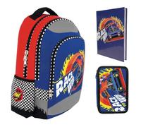 Zaino Scuola compatibile con Hot Weels per bambini Versione Tonda organizzato 3 Scomparti zip per bambini primaria secondaria + Astuccio 3 piani + diario + kit penne e portachiave fischietto