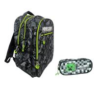 Zaino Scuola compatibile con Minecraft Grigio Tondo 3 Scomparti zip per bambini primaria media + astucco ovale + kit penne e portachiave fischietto