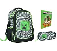 Zaino Scuola compatibile con Minecraft Pixel Crafting Since Alpha Tondo 3 Scomparti zip per bambini primaria media + astucco ovale + Diario + kit penne e portachiave fischietto